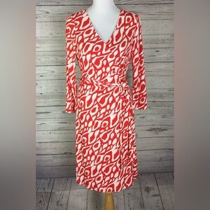 Tahari by Arthur Levine Red White Animal Print 3/4 Sleeve Wrap Dress